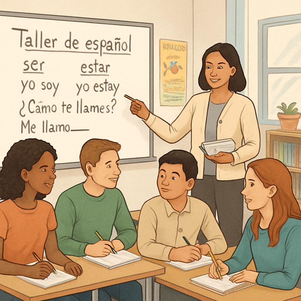 A group of international students attending a Spanish language workshop in a classroom. International students learning Spanish in a classroom setting.