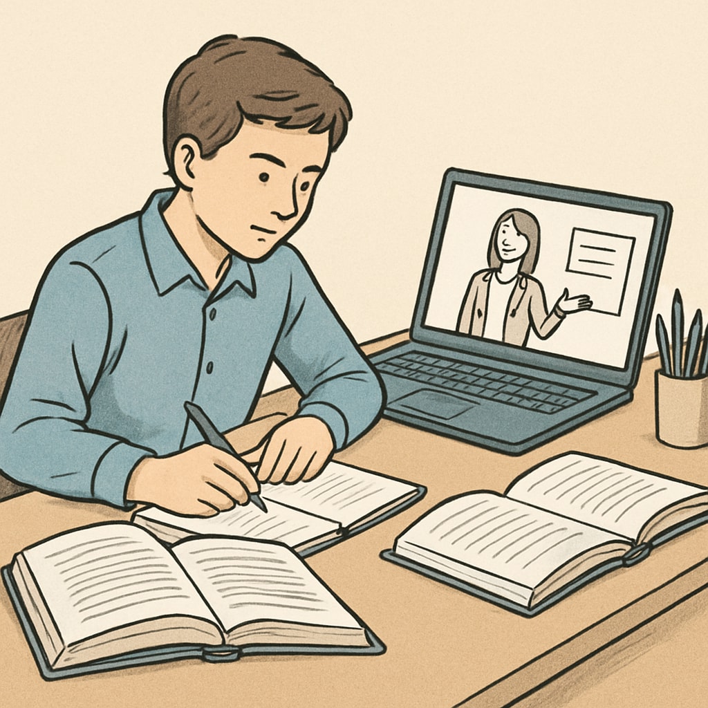 A student studying online with books, a laptop, and a notebook. A student engaging in the Khan World School and ASU dual enrollment program from home.
