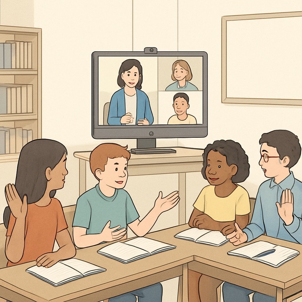 A virtual classroom setting with students on a video call, engaging in discussion. Virtual discussion among students in the Khan World School and ASU program.