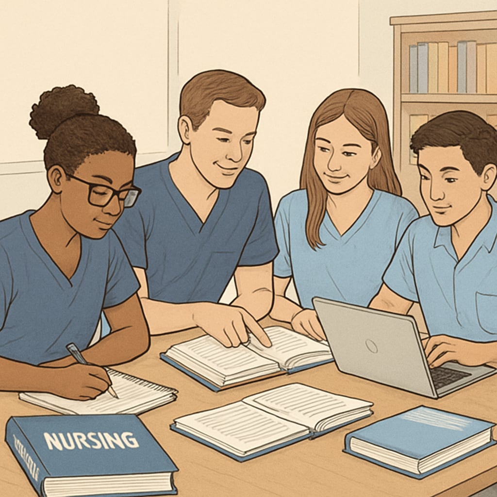A group of students collaborating in a study session, representing a learning community for nursing careers. Nursing students in a collaborative study group session