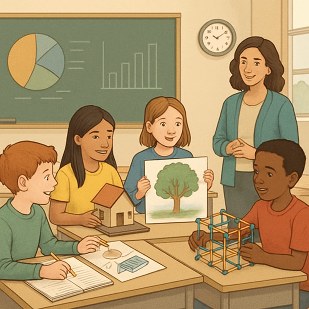 A classroom setting with students engaging in project-based learning, symbolizing alternative assessment methods. Students participating in project-based learning as part of alternative assessment methods.