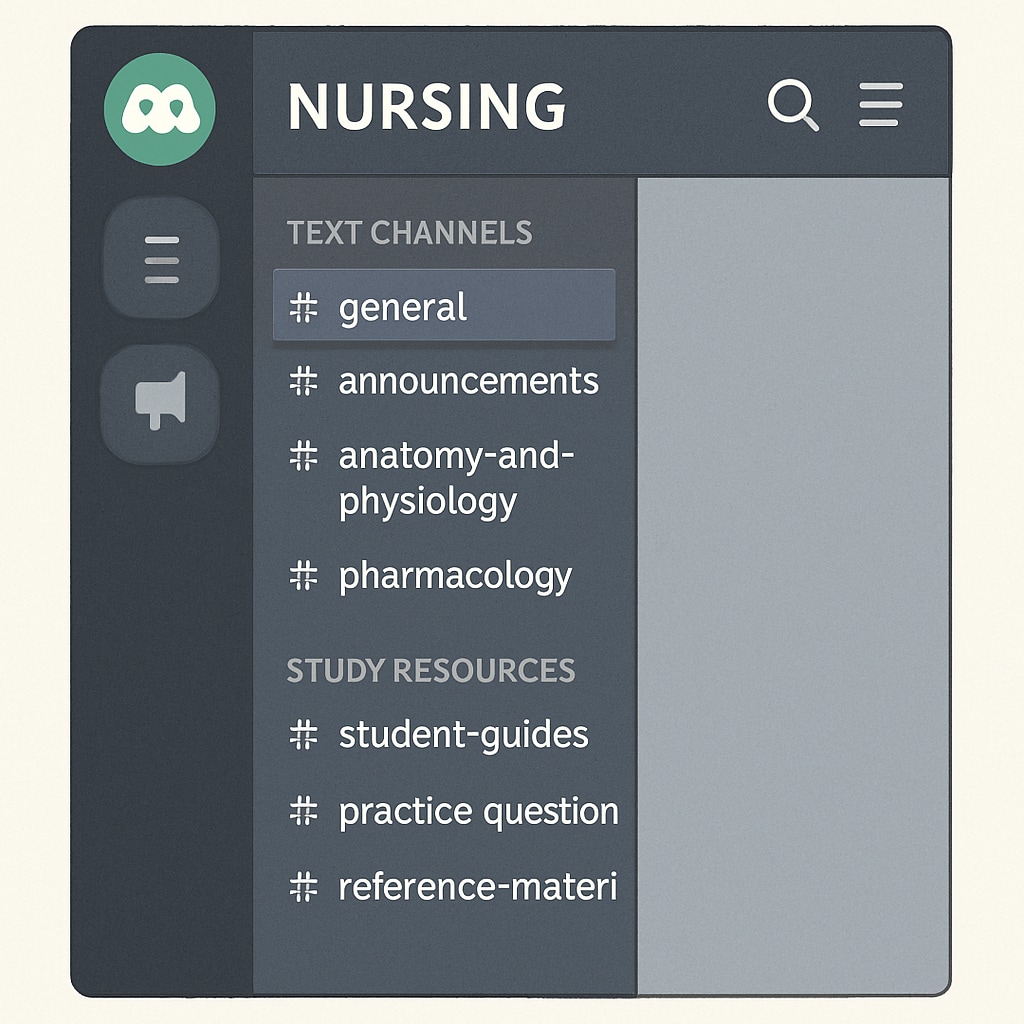 A screenshot of a Discord server with channels dedicated to nursing topics and study resources. Discord server showcasing nursing-related channels