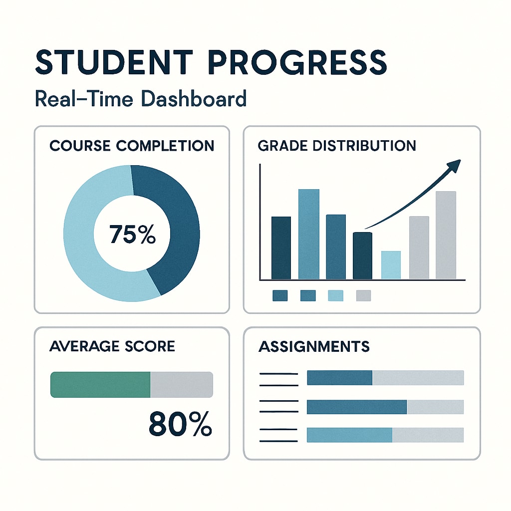 A graphical representation of a real-time student progress tracking dashboard. Real-time tracking dashboard used for monitoring student learning outcomes.
