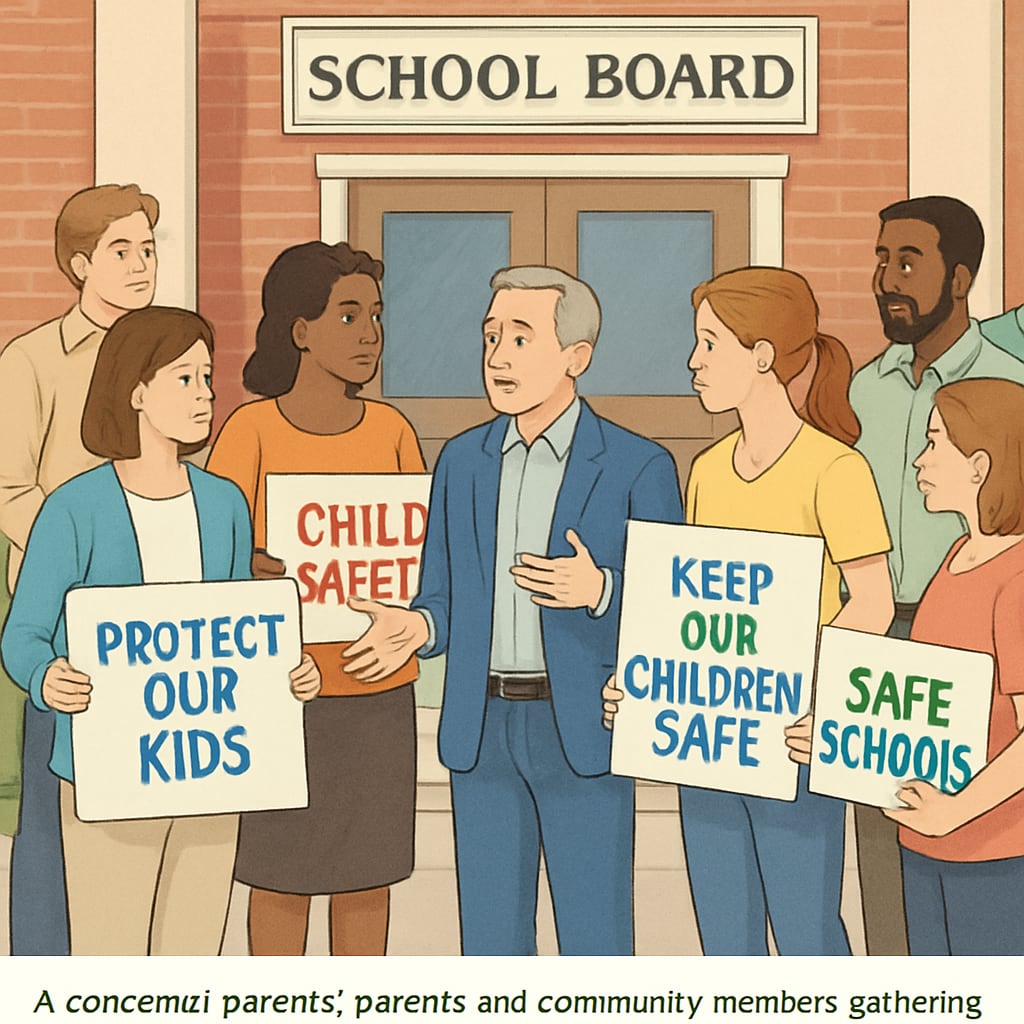 A concerned group of parents and community members gathered outside a school board meeting, advocating for child safety policies. Parents and community members advocating for child safety at a school board meeting.