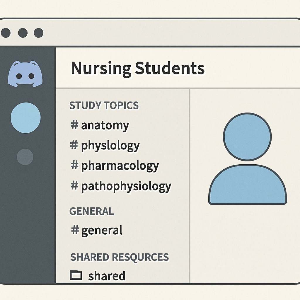 A screenshot of a Discord server for nursing students, showing organized channels for study topics and shared resources. Discord server screenshot organized for nursing students to share study resources.