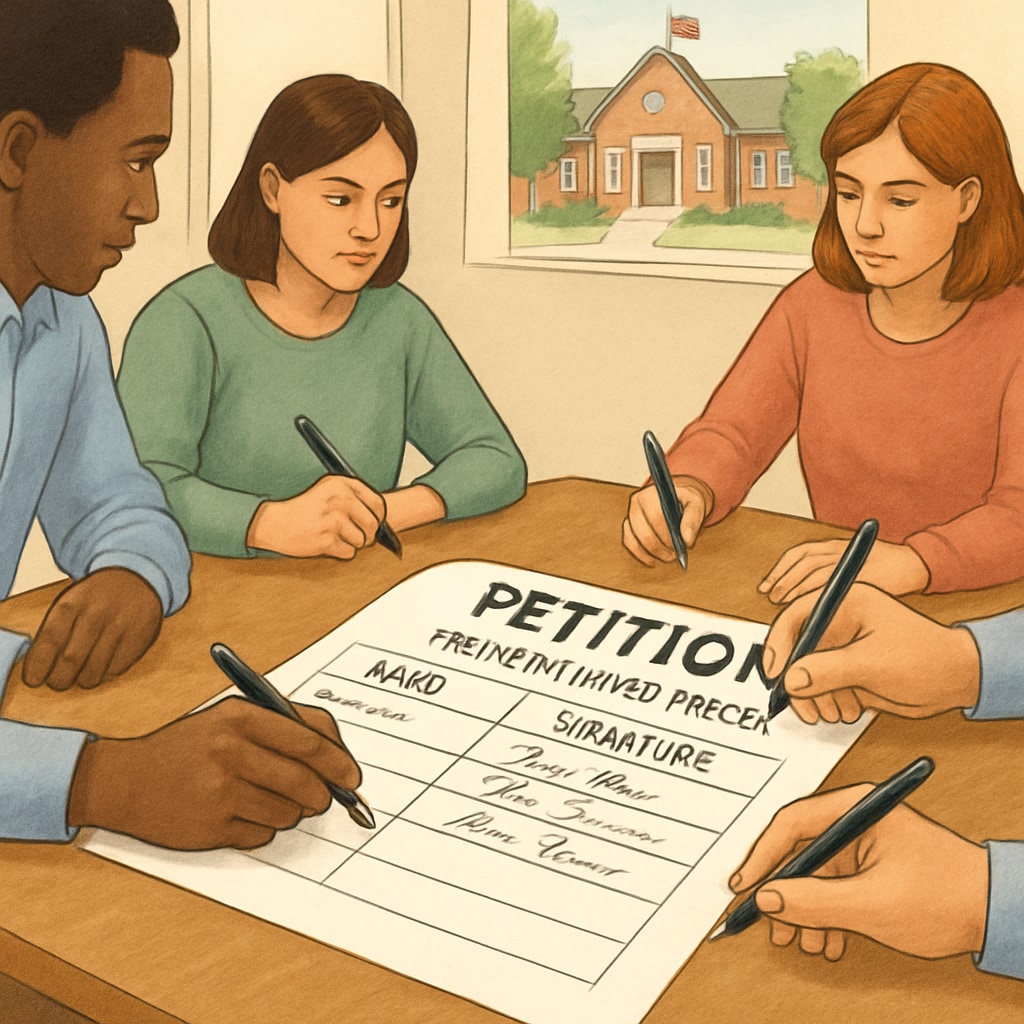 A petition document being signed by parents and community members advocating for stricter school safety policies. Parents signing a petition for stricter child safety policies in schools.