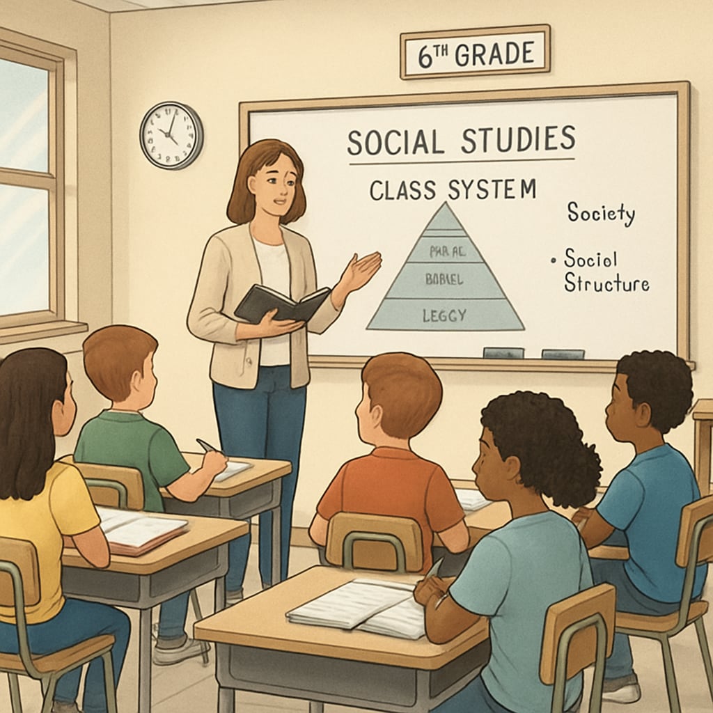 A classroom of 6th-grade students studying social studies, focusing on class systems and societal structures. Students learning about class systems and societal structures in a classroom setting.
