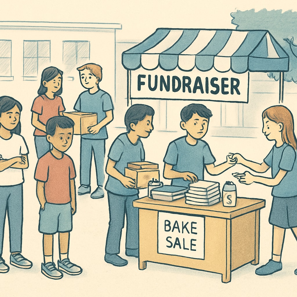 A group of students participating in a school fundraising event, with some visibly excluded due to financial barriers. Students in a school fundraising event, with visible economic disparities.