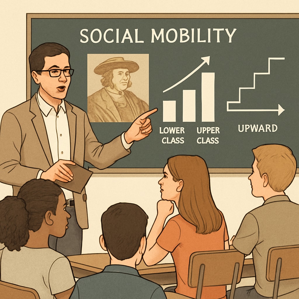A teacher explaining the concept of social mobility using historical examples and charts to encourage critical thinking among students. Teacher using visual aids to explain social mobility concepts in a classroom.