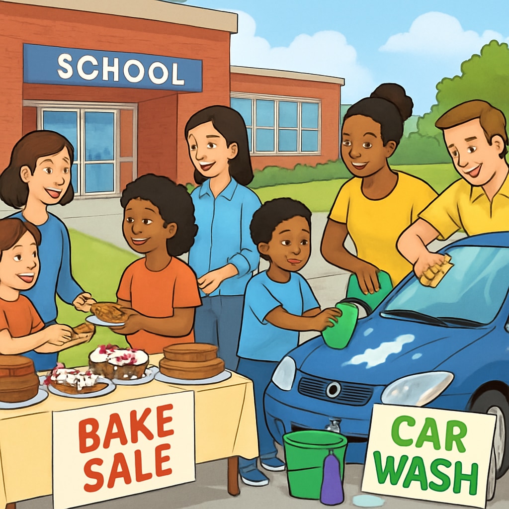 A community-focused school event, such as a bake sale or car wash, involving students and parents working together. A collaborative school fundraising event promoting inclusivity.