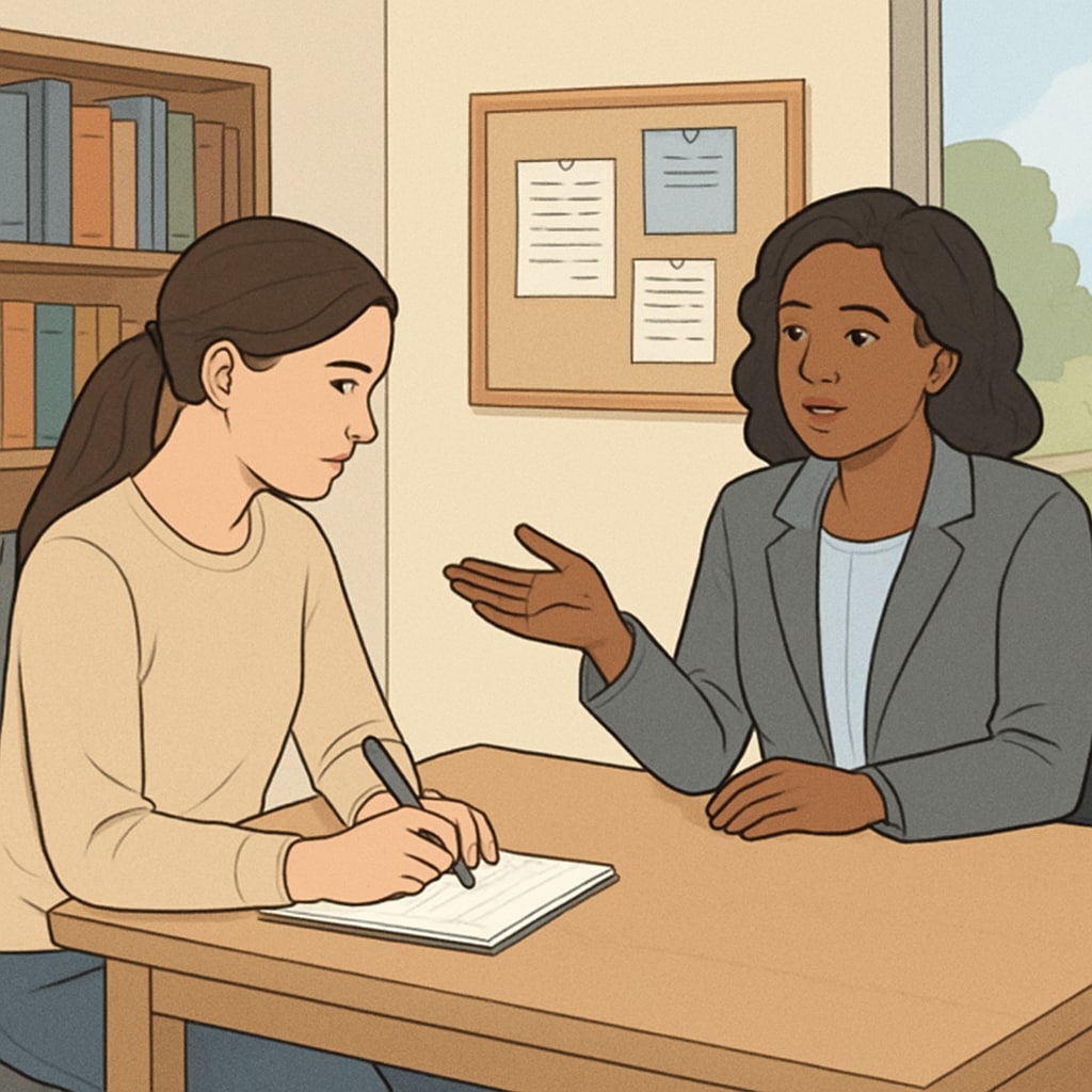 A graduate student conducting an interview with a school counselor, discussing strategies for managing student stress. Graduate student interviewing a school counselor about student support techniques.