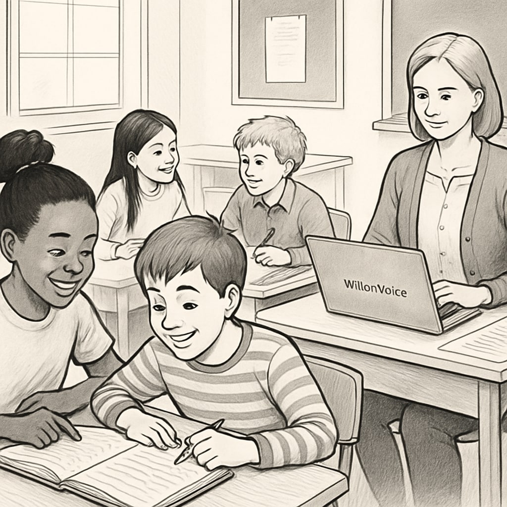 Students in a classroom engaged in active learning while their teacher uses WillowVoice to review lesson plans seamlessly on a laptop. Classroom scene with teacher using WillowVoice for lesson planning.