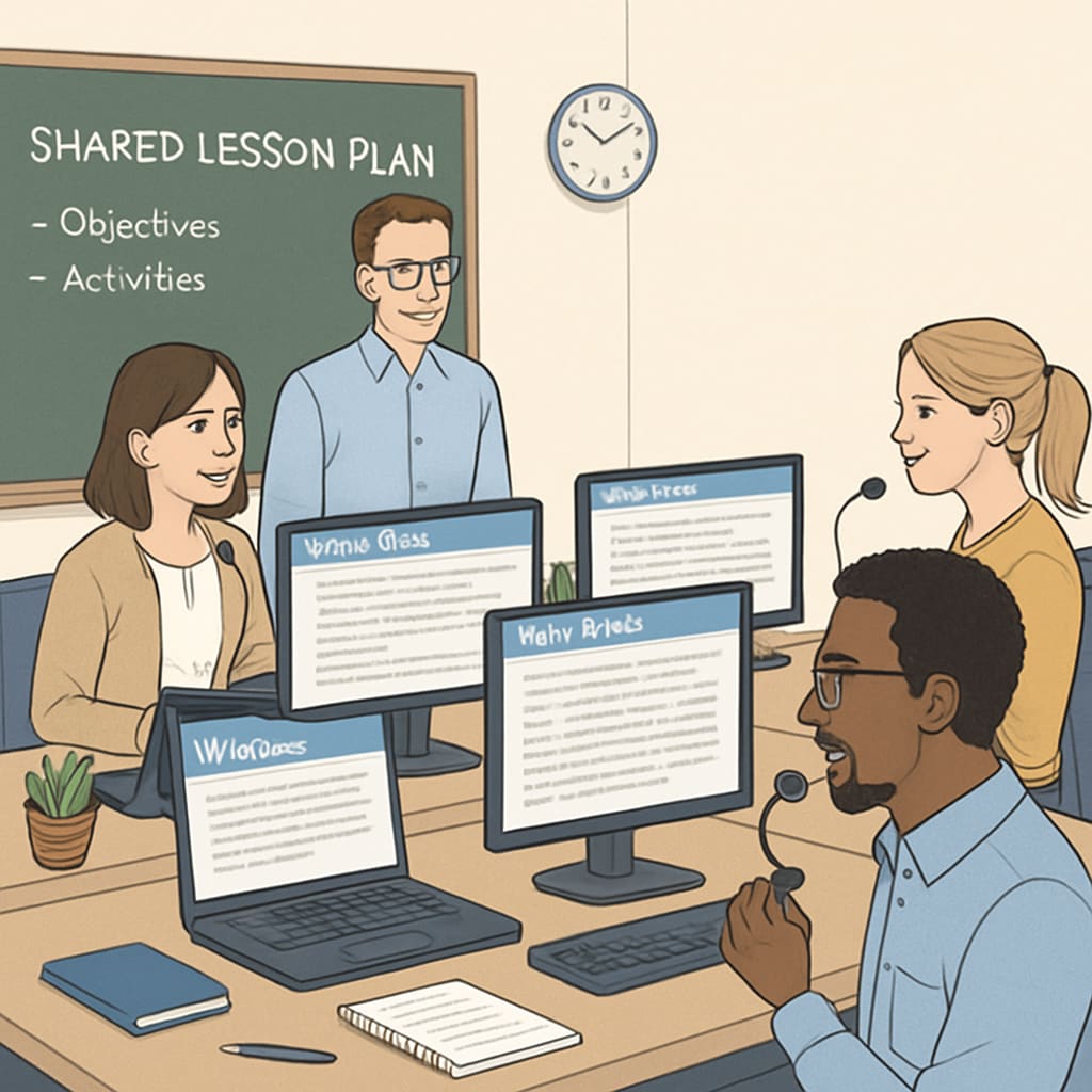 A collaborative workspace showing teachers using speech-to-text software like WillowVoice to create shared lesson plans, fostering teamwork and efficiency. Teachers collaborating using WillowVoice to create lesson plans.