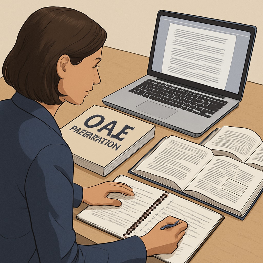 A detailed image of a teacher studying with OAE prep materials, showing books, notes, and a laptop. Teacher preparing for OAE exam with study materials including books and a laptop.