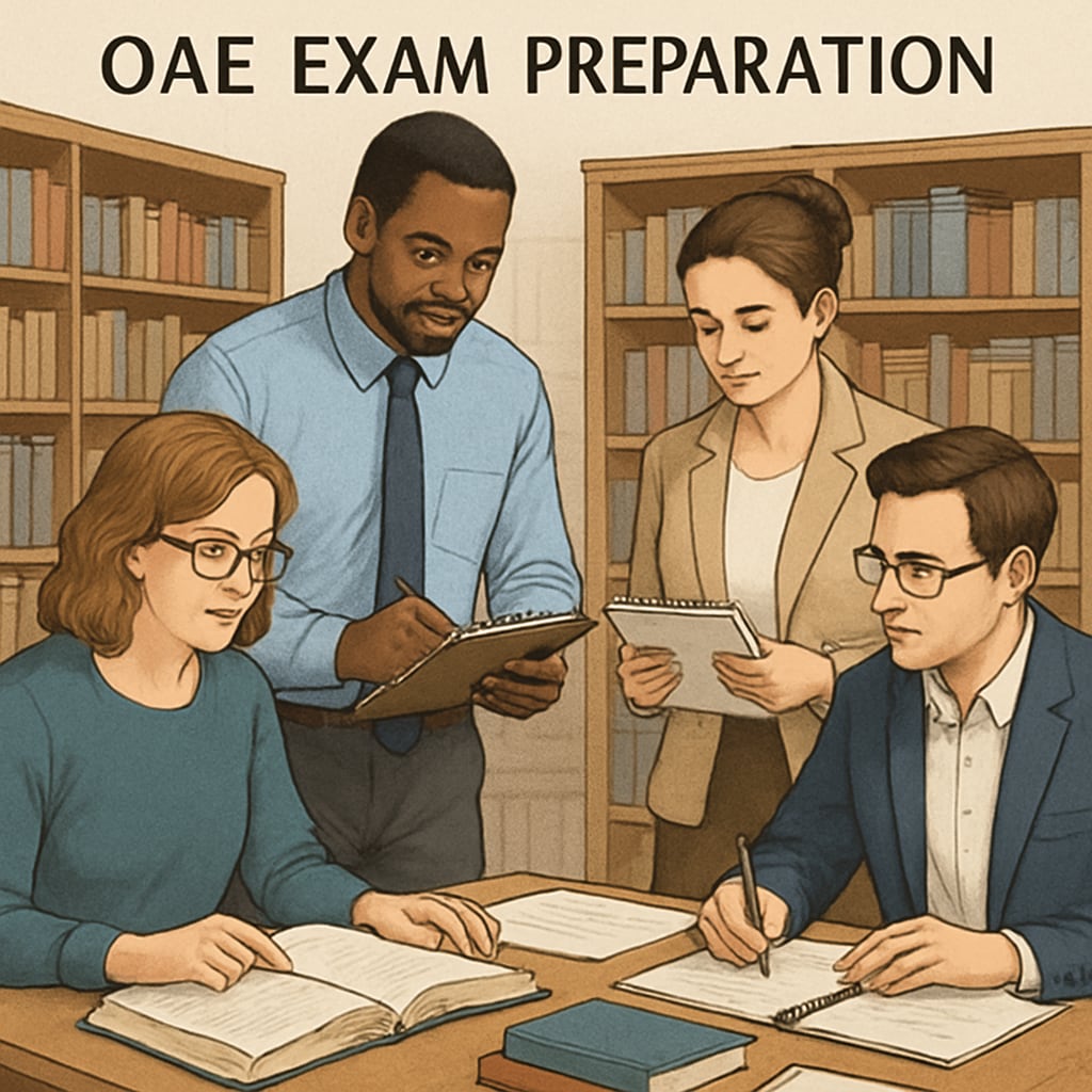 A focused image of a group of educators collaborating on OAE exam preparation in a library setting. Educators working together in a library to study for the OAE exam.