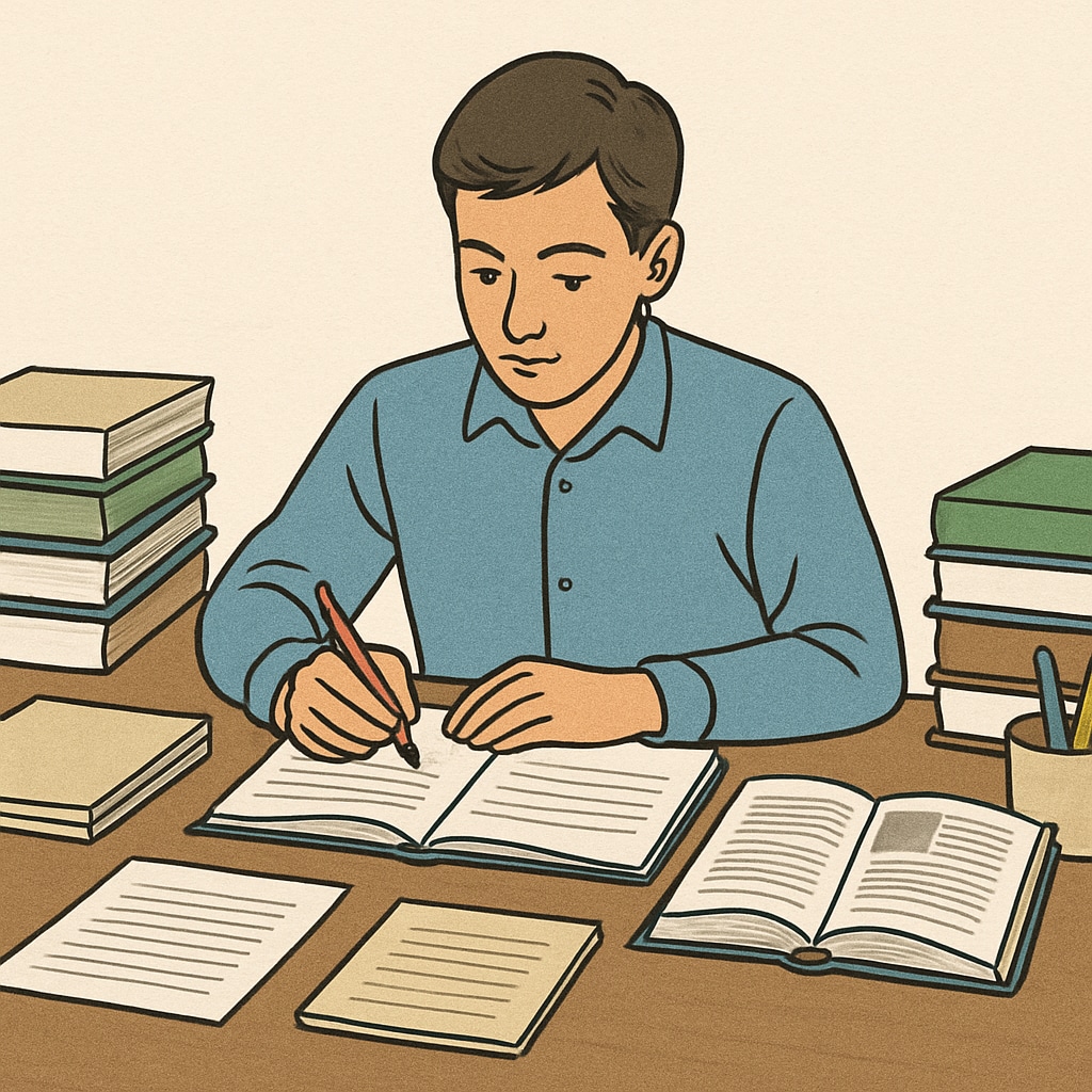 A student sitting at a desk, surrounded by books and study materials, preparing for an exam. A student preparing for the OAE exam, with books and study tools.