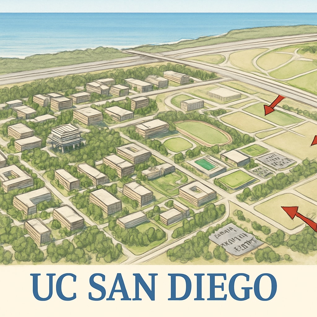 An aerial view of UC San Diego’s campus, showcasing its state-of-the-art facilities and potential for expansion. A view of UC San Diego’s campus, highlighting its readiness for enrollment growth.