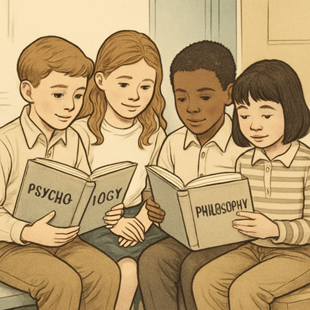 A group of children reading books on psychology and philosophy together, symbolizing collaborative learning. Children reading psychology and philosophy books, exploring non-academic learning.