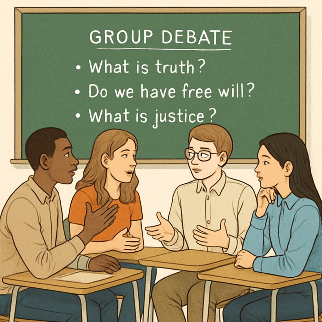 Students participating in a group debate about philosophical questions, fostering critical thinking. Students debating philosophical questions, enhancing reasoning and critical thinking skills.
