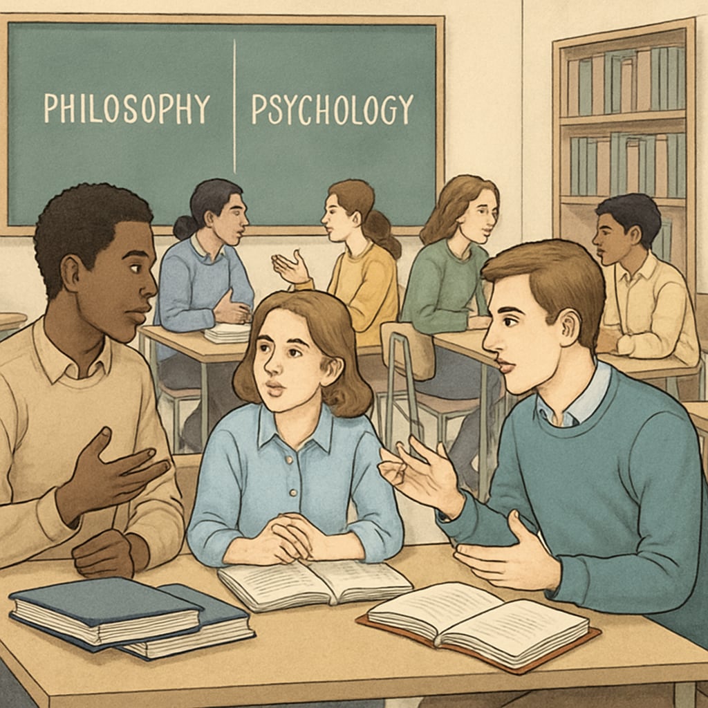 A classroom where students are engaging in group discussions about philosophical or psychological concepts. Students discussing psychology and philosophy concepts in a classroom.