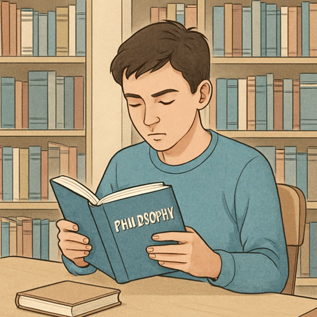 A high school student reading a philosophy book in a library, demonstrating focused learning. High school student studying philosophy in a library.