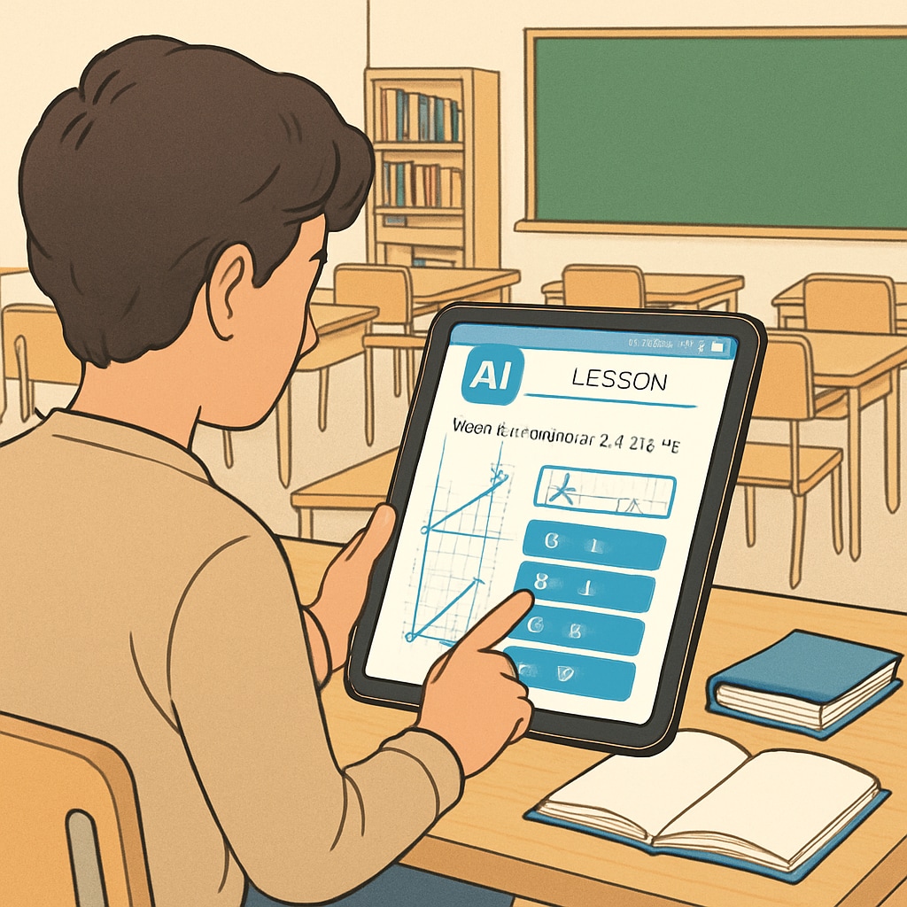 A student using an AI-enabled learning platform on a tablet in a classroom. Student using an AI-enabled platform in a classroom for personalized learning.