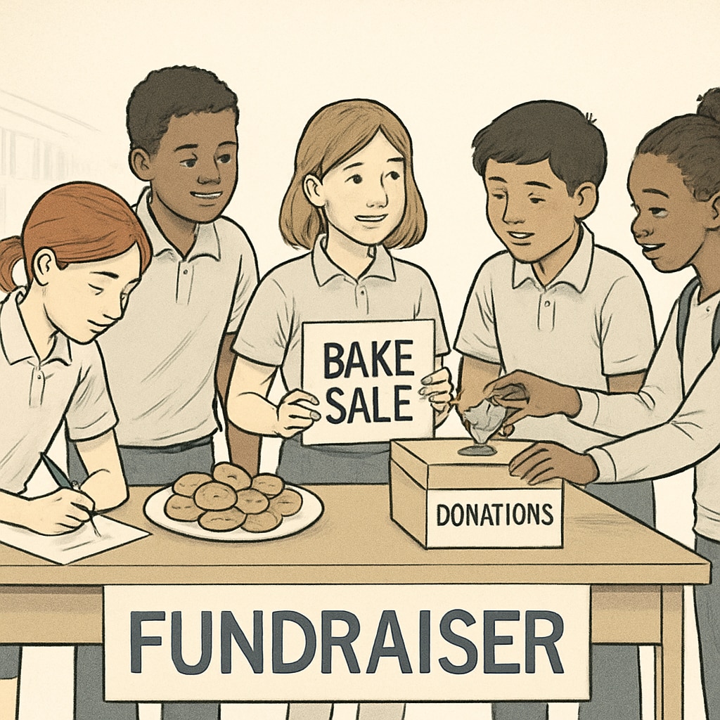 A diverse group of students participating in a school fundraiser activity, highlighting unity and teamwork. Students collaborating on a school fundraiser, emphasizing unity and teamwork.