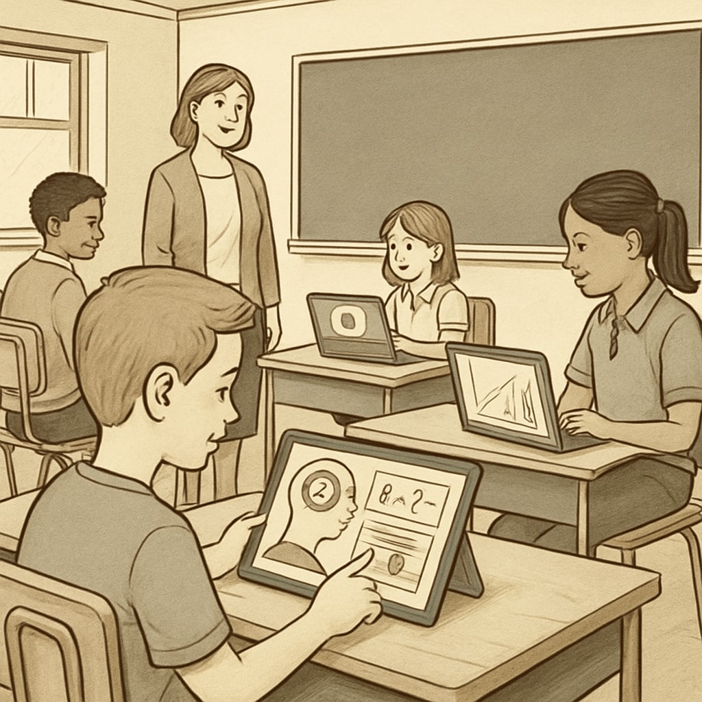 A classroom featuring students using AI-powered devices for personalized learning. Students in a smart classroom leveraging AI-powered tools for customized learning experiences.