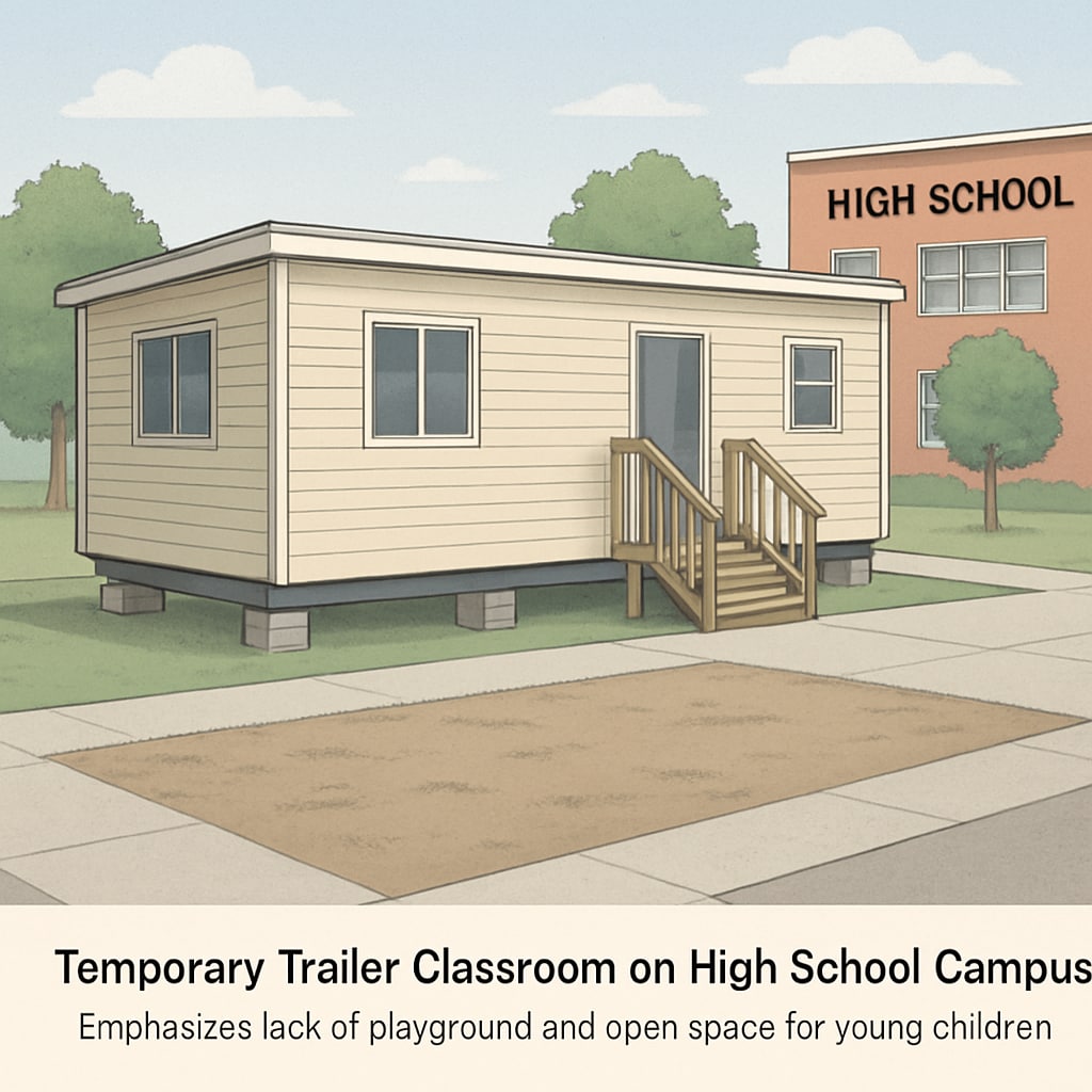 A temporary trailer classroom in a high school campus, highlighting the lack of playgrounds and open spaces for young children. Temporary trailer classroom setup with no playground, representing campus renovation impacts.