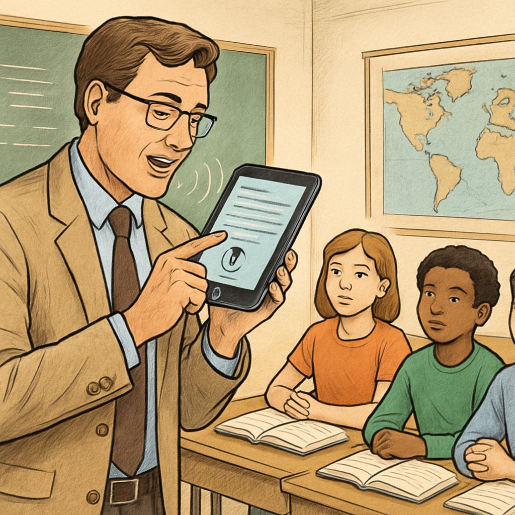 A teacher using voice-to-text technology in a classroom setting, dictating notes on a tablet. Teacher demonstrating voice-to-text technology to improve efficiency and reduce administrative burdens.