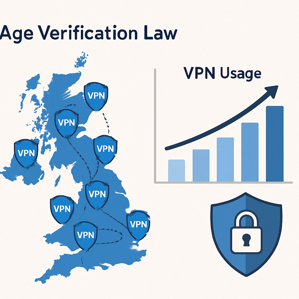 A graphical representation of VPNs gaining popularity in the UK following the age verification law. Graph showing VPN usage increase due to UK’s age verification law.