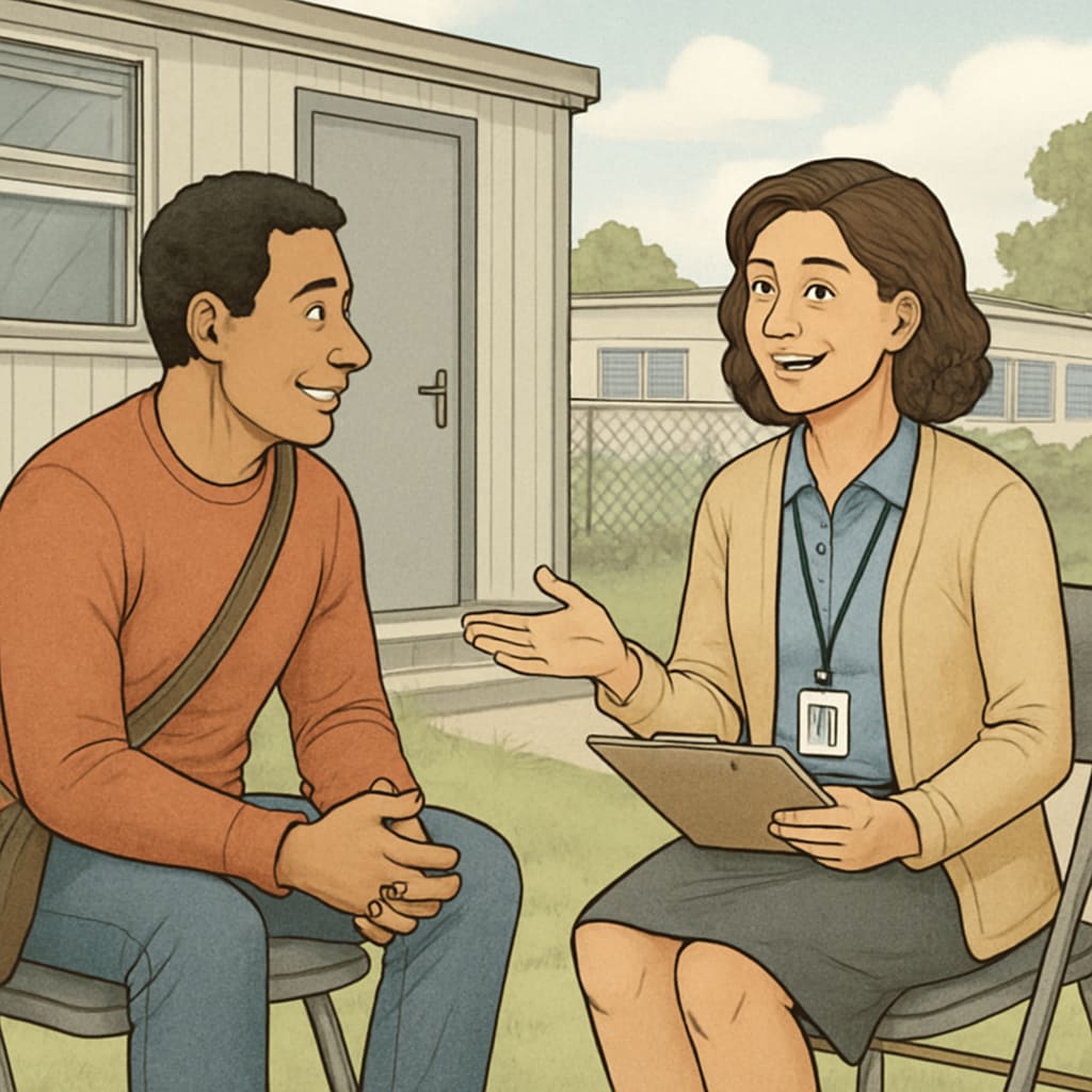 A parent interacting with a teacher in a temporary campus setting, symbolizing efforts to maintain parental involvement. Parent and teacher communication during a temporary school setup, emphasizing parental involvement.