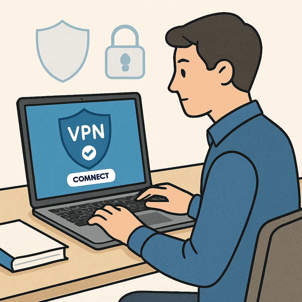 An image depicting a person using a VPN on their laptop, symbolizing online privacy and security. Laptop user accessing VPN for privacy amid UK’s age verification law.
