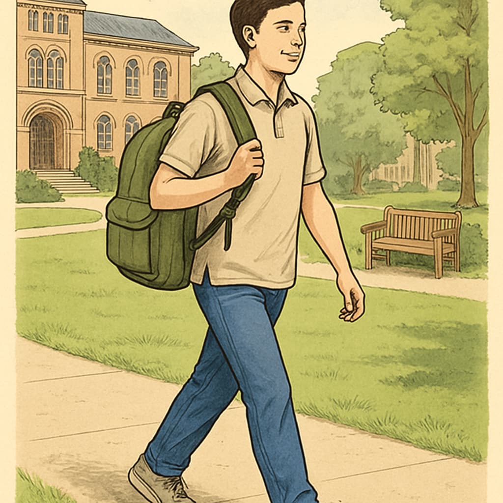 A stylish college student carrying a budget-friendly backpack while walking on campus. College student with affordable backpack on campus.