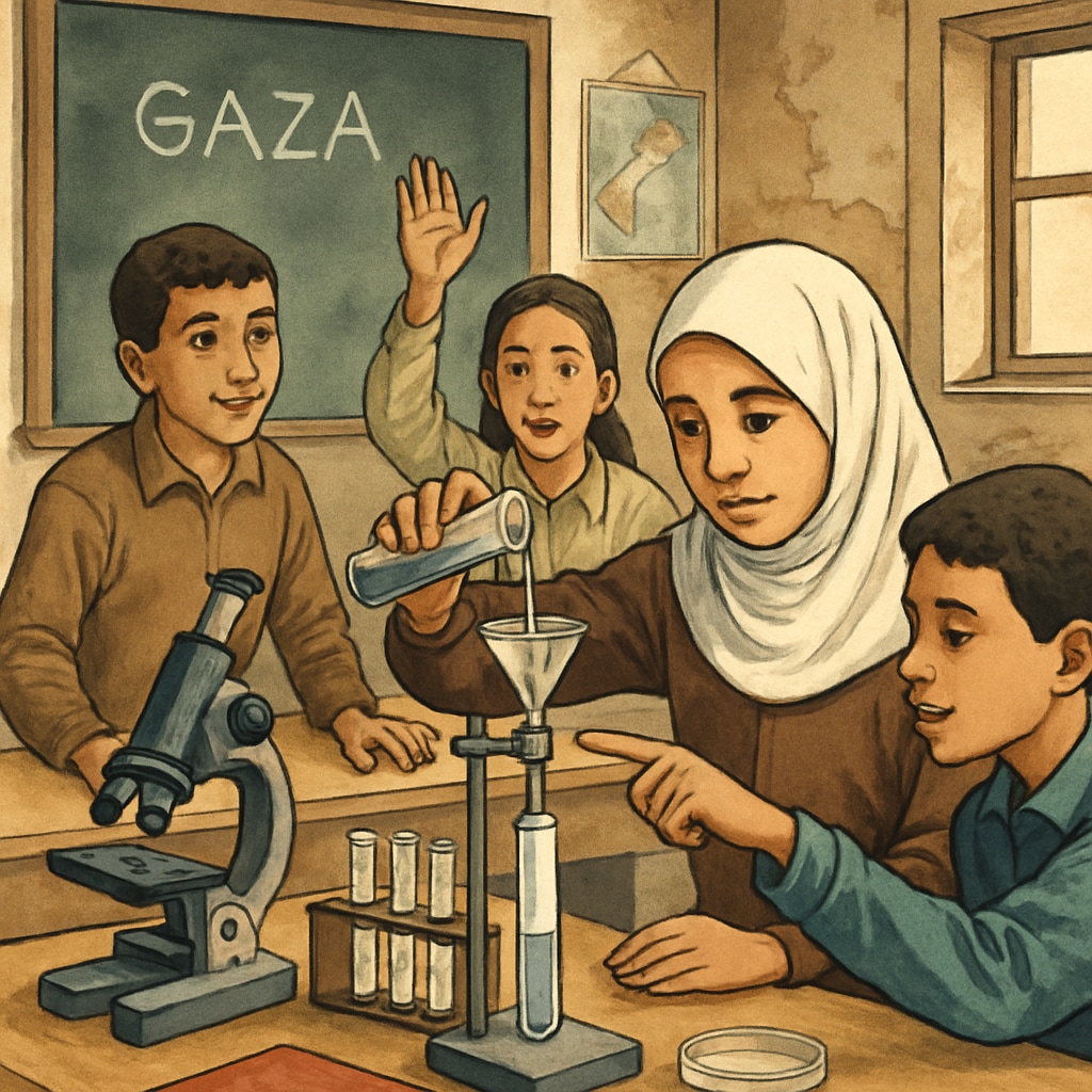 Gaza students performing a science experiment in a classroom, showcasing hands-on learning.