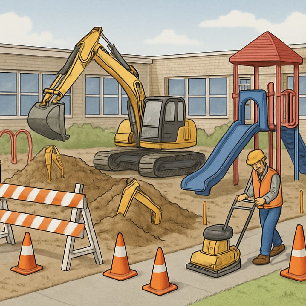 A playground under construction during school renovations, with cones and barriers visible. Temporary school playground under construction during renovations.
