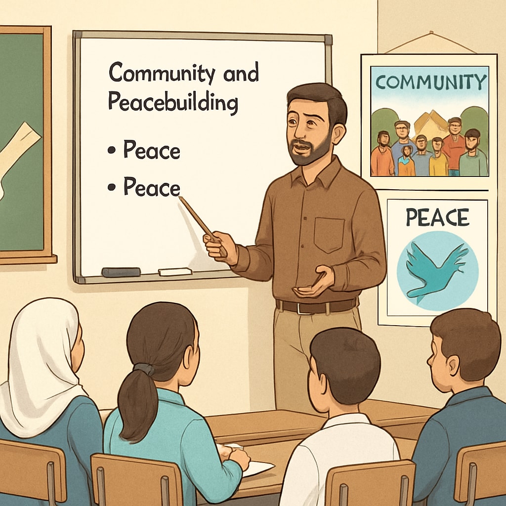 Gaza teacher conducting a social studies class focused on peacebuilding and community.