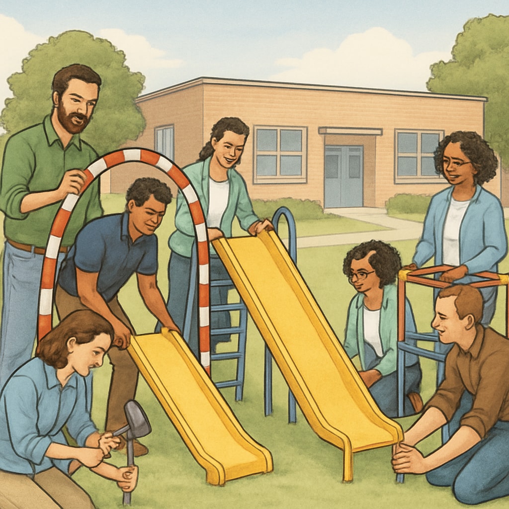 Parents and teachers collaborating to install temporary playground equipment at a school. Parents and teachers installing temporary playground equipment at school.