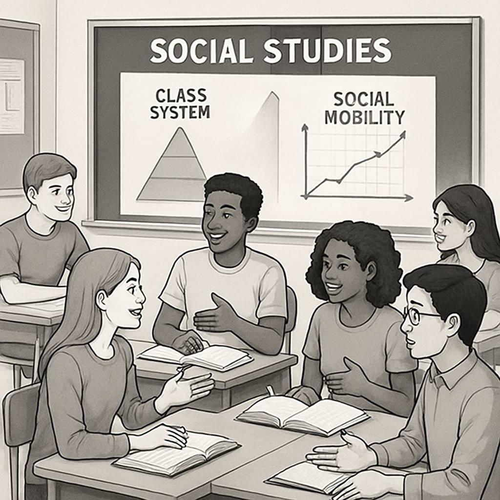 A classroom environment where students are actively discussing social studies topics like social mobility and class systems. Students in a classroom discussing social studies and class systems.