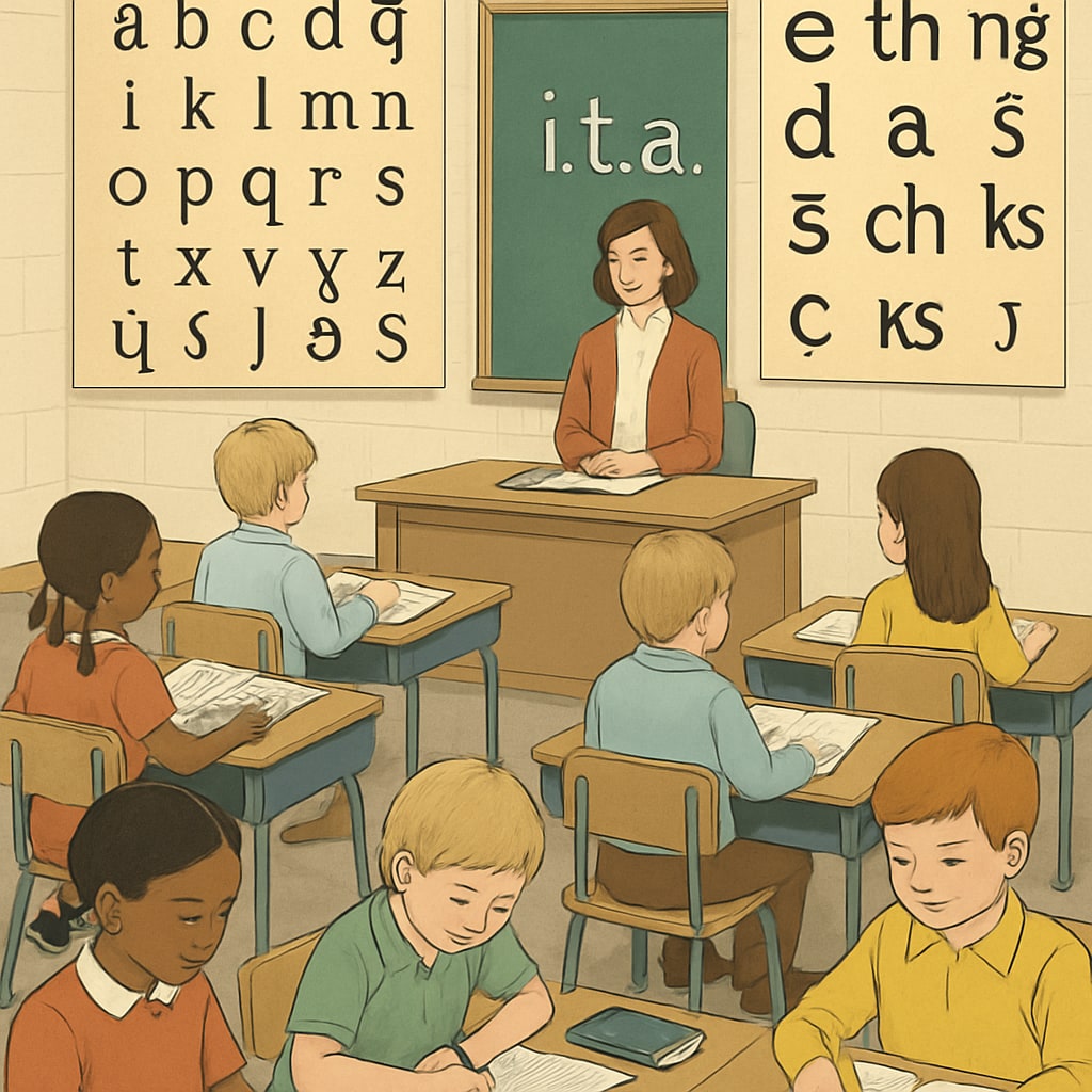 A classroom from the 1970s where children are learning using the Initial Teaching Alphabet, with posters of ITA symbols on the walls. Classroom with Initial Teaching Alphabet posters from 70s education