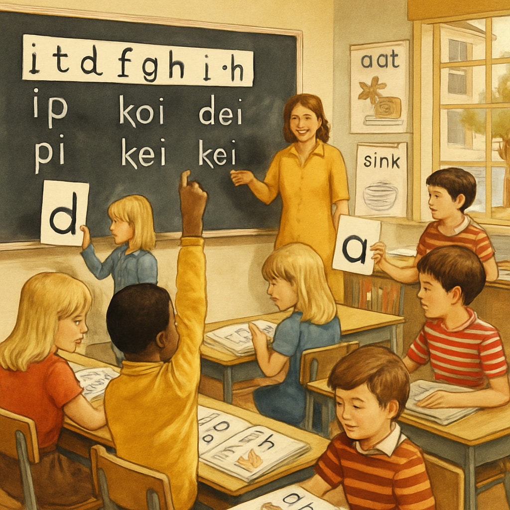 A classroom in the 1970s where children are learning using the Initial Teaching Alphabet. The image demonstrates the historical context of the teaching method. A 1970s classroom with children using the Initial Teaching Alphabet.