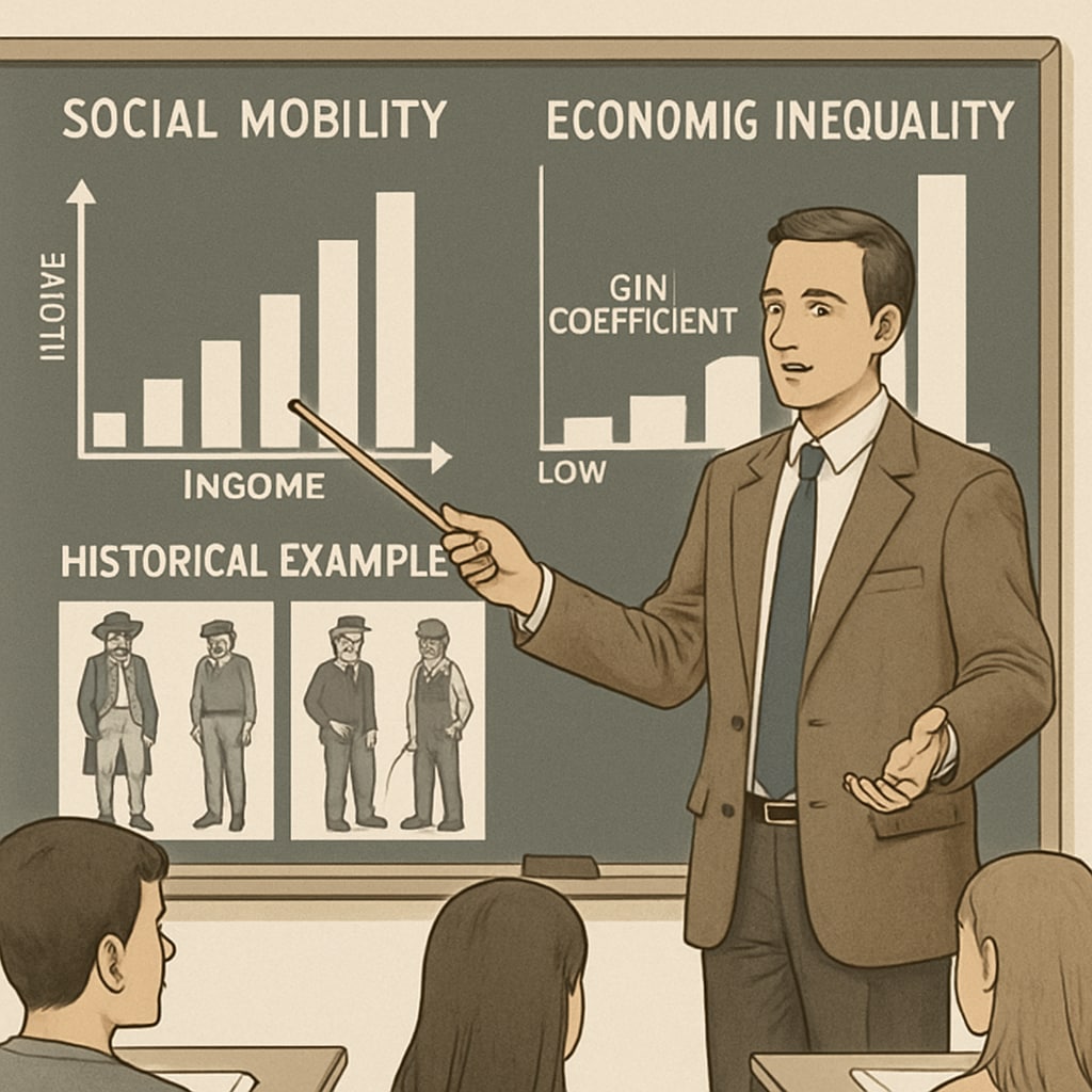 A teacher using charts and historical examples to explain social mobility and economic inequality. Teacher explaining social mobility with historical and statistical data.