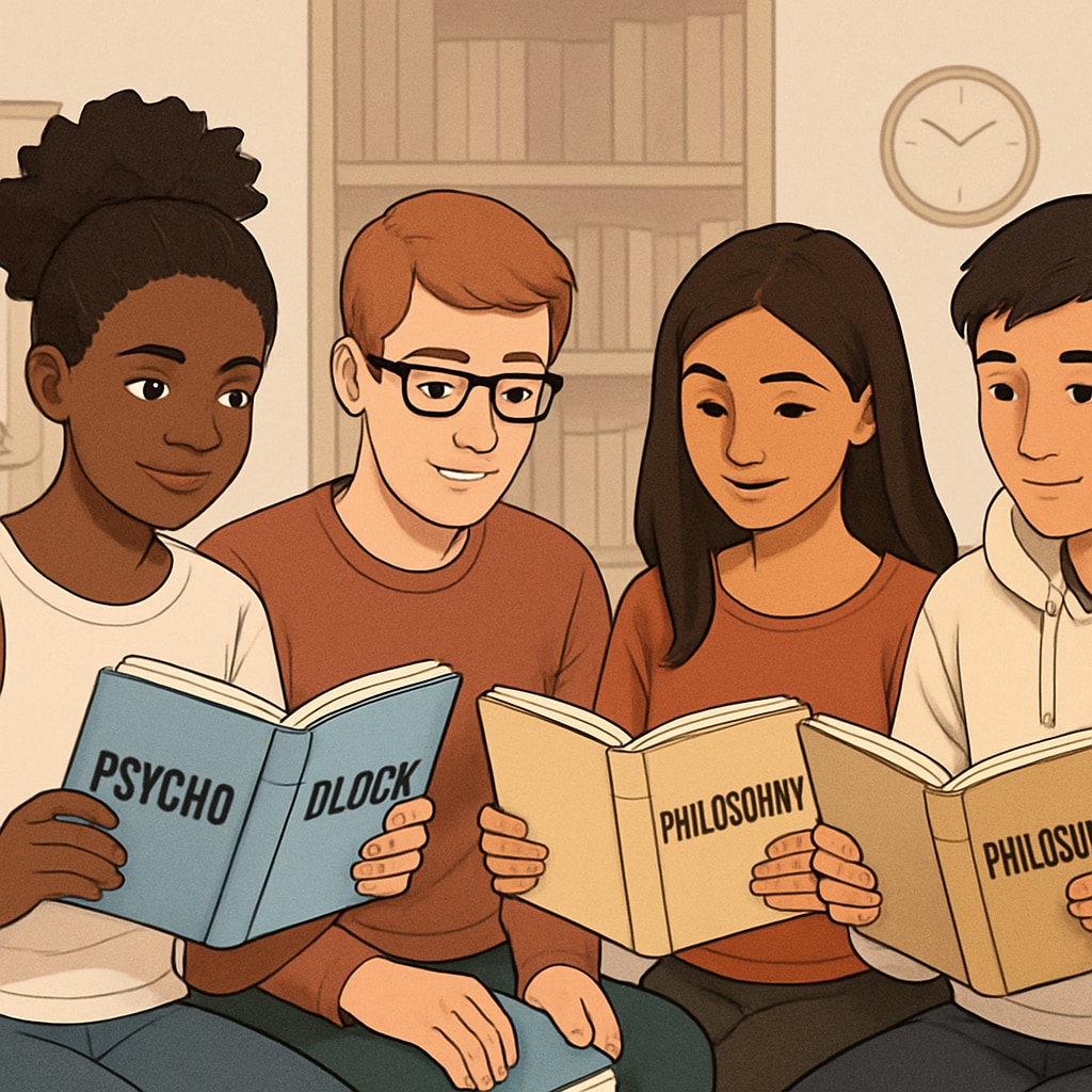 A group of diverse students reading books about psychology and philosophy, demonstrating curiosity and engagement. Students exploring psychology and philosophy books