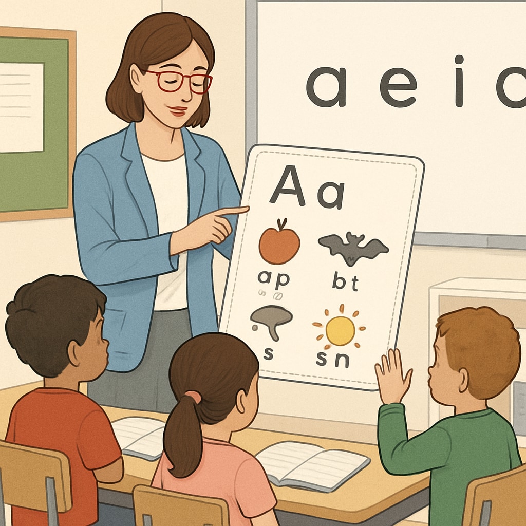 A modern teacher reviewing phonetic-based learning tools with their students. This image highlights contemporary reflections on ITA’s legacy. A modern classroom with a teacher and students exploring phonetic-based learning tools.