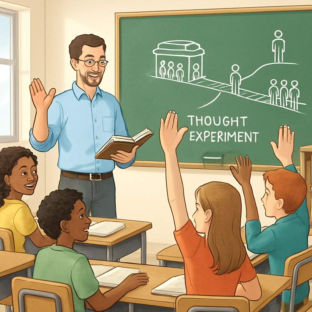 A teacher leading a classroom discussion about a philosophical thought experiment, with students actively participating. Classroom discussion on a philosophical topic