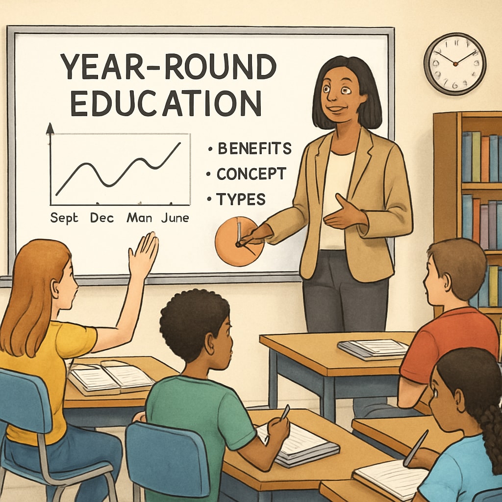 A classroom with students engaged in a year-round education program, with a teacher explaining a concept on a whiteboard. A classroom scene illustrating year-round education and its impact on learning retention.