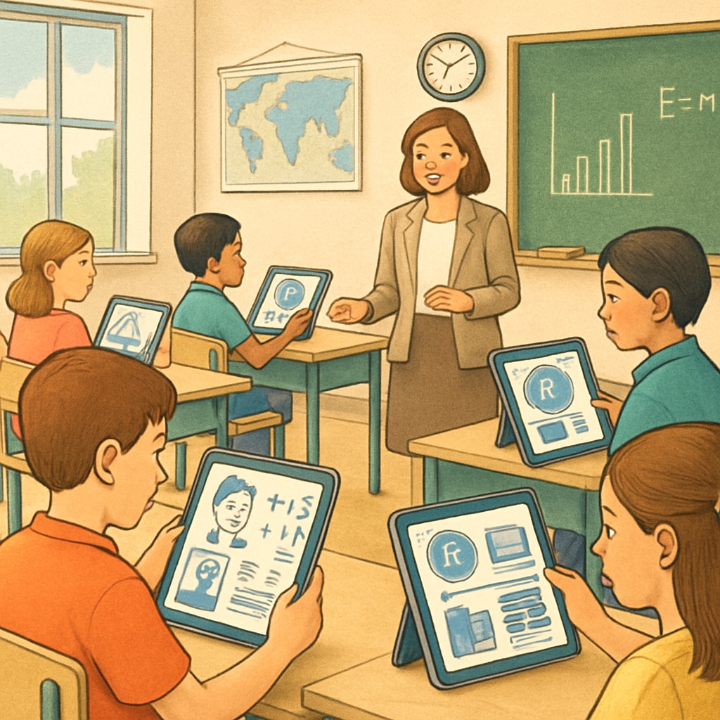 A classroom where students use AI-powered tablets for personalized learning, illustrating the concept of tailored education. AI-powered learning tools in K12 education