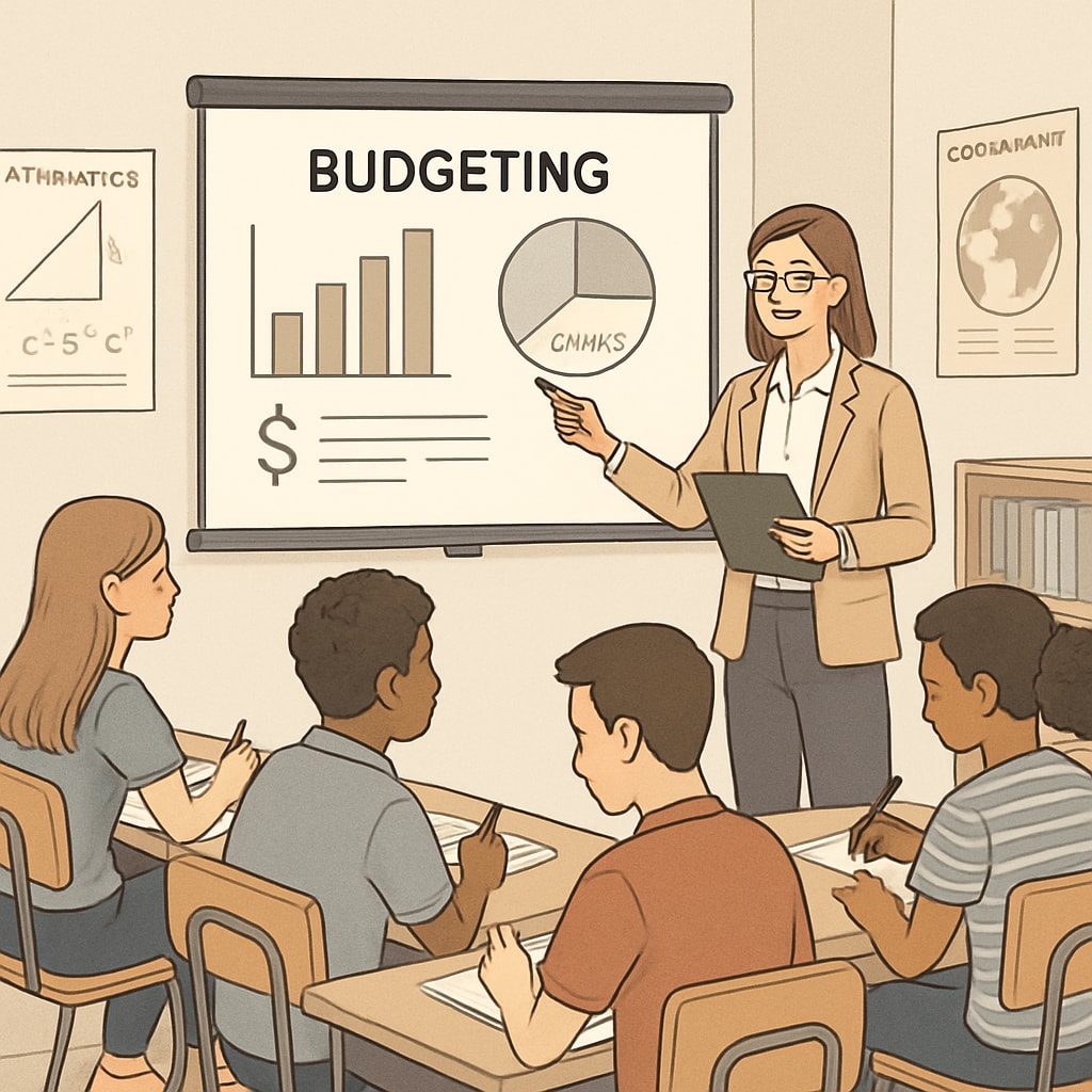A classroom setting where a teacher explains budgeting and savings concepts to high school students. High school students learning financial literacy as part of their curriculum.