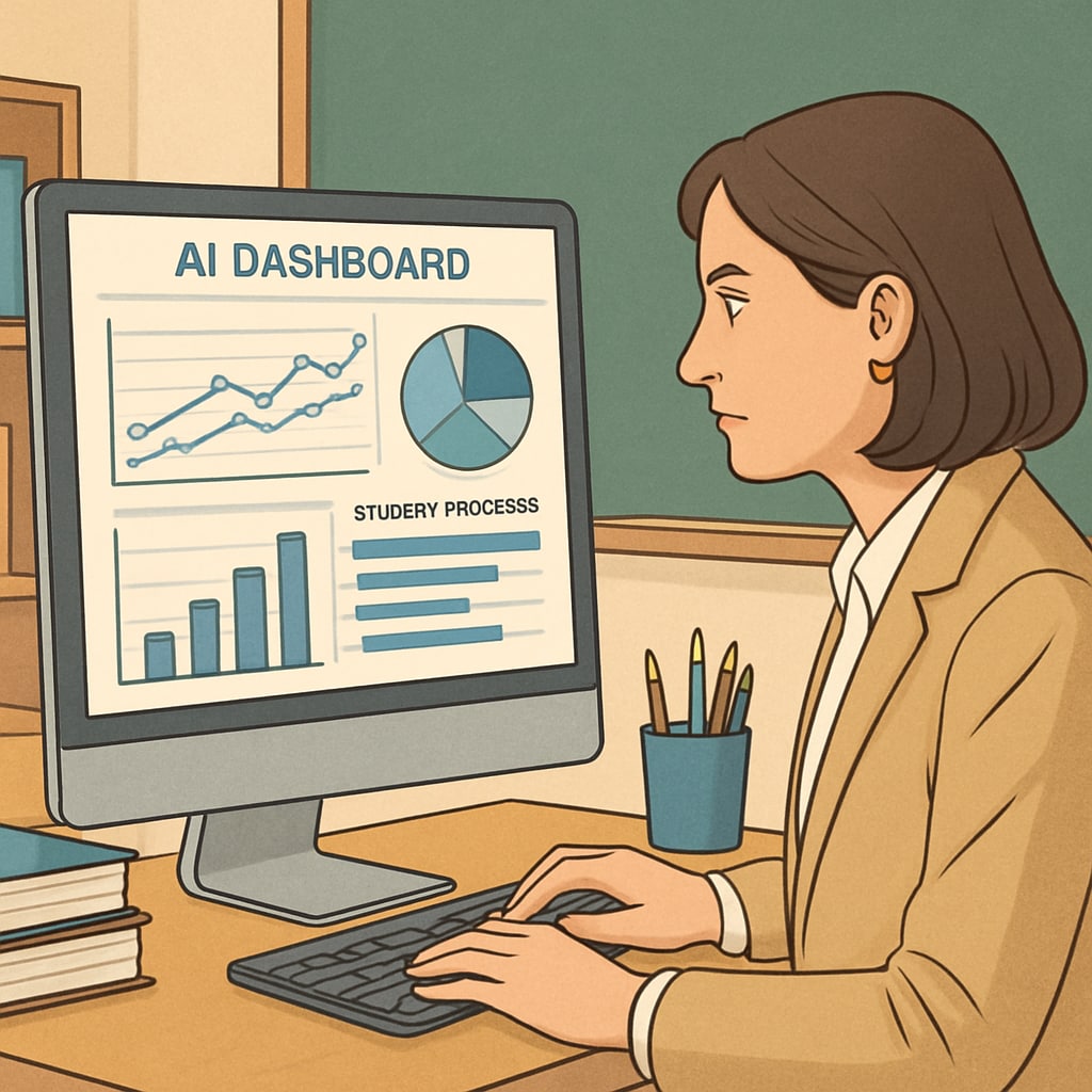 An educator using an AI dashboard to track student progress and identify areas for improvement, representing the role of AI in teacher support. AI tools enhancing teacher efficiency in education