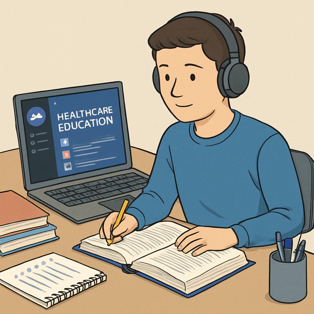 A high school student participating in a Discord server dedicated to healthcare education, surrounded by study materials and a laptop. High school student in a healthcare-focused Discord server with study materials.